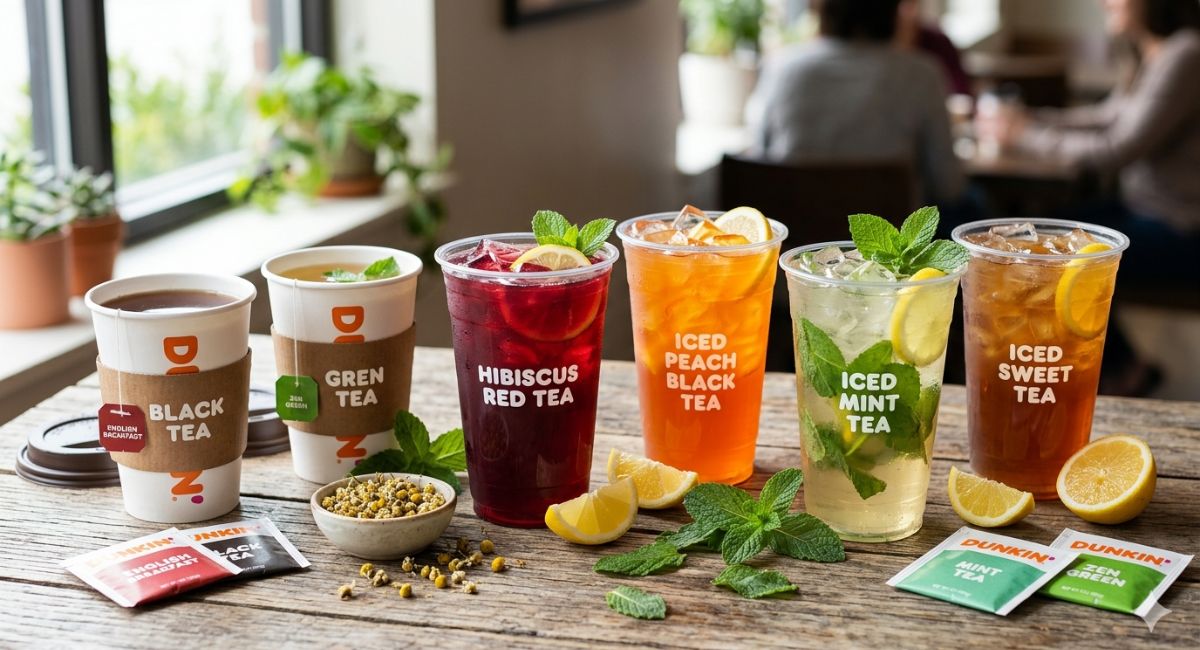 Dunkin Donuts tea menu with hot and iced tea flavors including black tea, green tea, chamomile and hibiscus